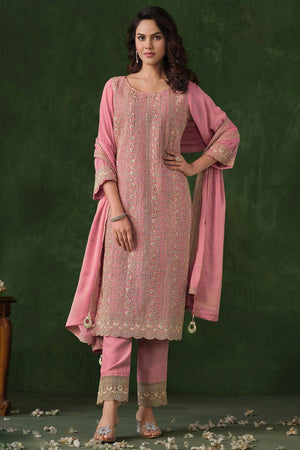 Pink Embroidered Silk Straight Cut Suit Set (vega vipul ayanna-6021)