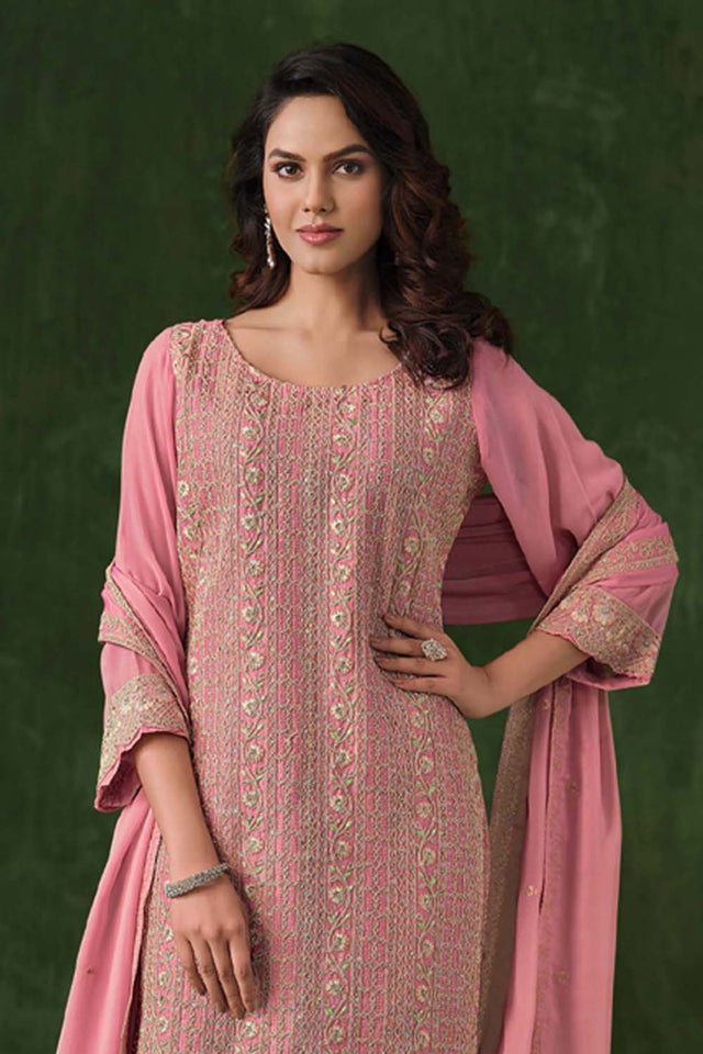 Pink Embroidered Silk Straight Cut Suit Set (vega vipul ayanna-6021)