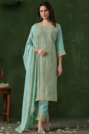 Blue Embroidered Silk Straight Cut Suit Set (vega vipul ayanna-6022)