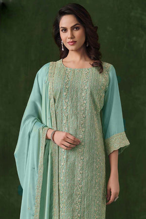 Blue Embroidered Silk Straight Cut Suit Set (vega vipul ayanna-6022)