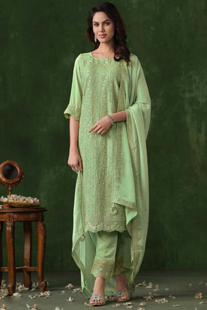 Green Embroidered Silk Straight Cut Suit Set (vega vipul ayanna-6025)