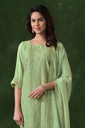 Green Embroidered Silk Straight Cut Suit Set (vega vipul ayanna-6025)