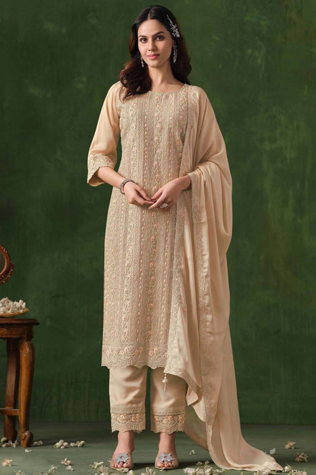 Beige Embroidered Silk Straight Cut Suit Set (vega vipul ayanna-6026)