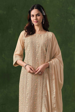 Beige Embroidered Silk Straight Cut Suit Set (vega vipul ayanna-6026)