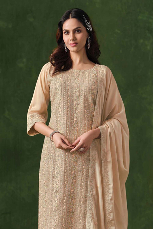 Beige Embroidered Silk Straight Cut Suit Set (vega vipul ayanna-6026)
