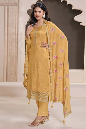 Yellow Embroidered Silk Straight Cut Suit Set