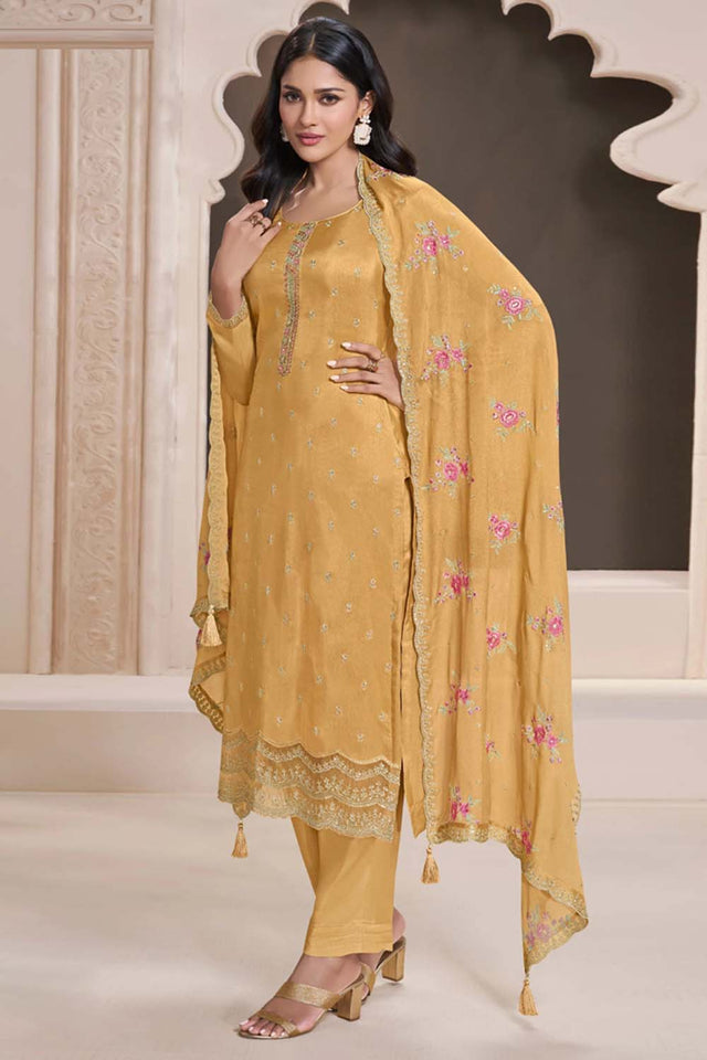 Yellow Embroidered Silk Straight Cut Suit Set