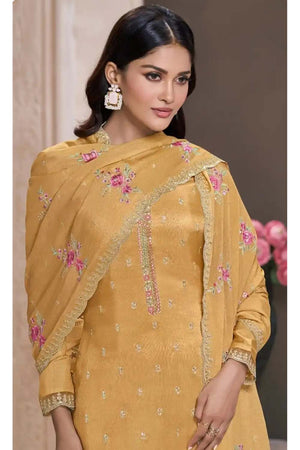 Yellow Embroidered Silk Straight Cut Suit Set