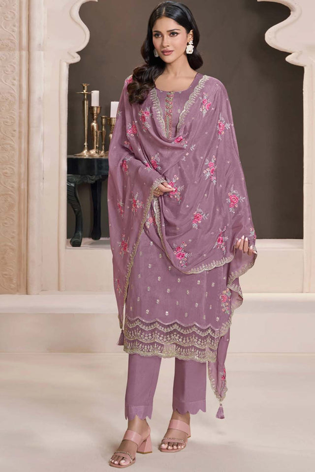 Pink Embroidered Silk Straight Cut Suit Set