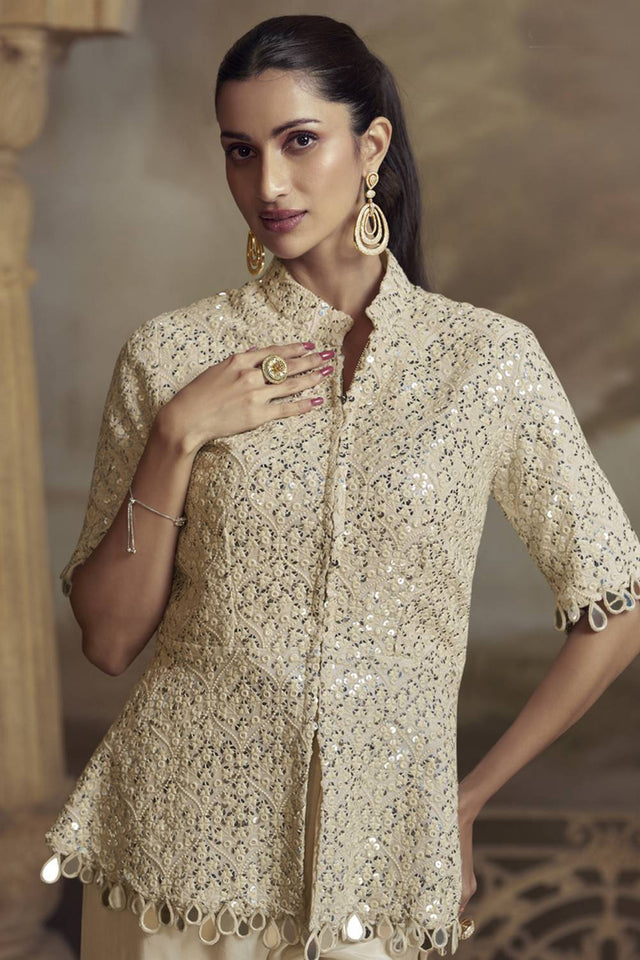 Cream Sequin with Embroidered Georgette Co-Ord Set (vega zeenat-5821)