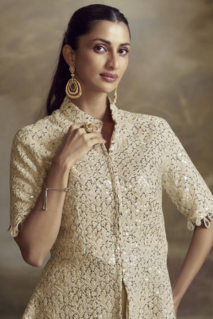 Cream Sequin with Embroidered Georgette Co-Ord Set (vega zeenat-5821)