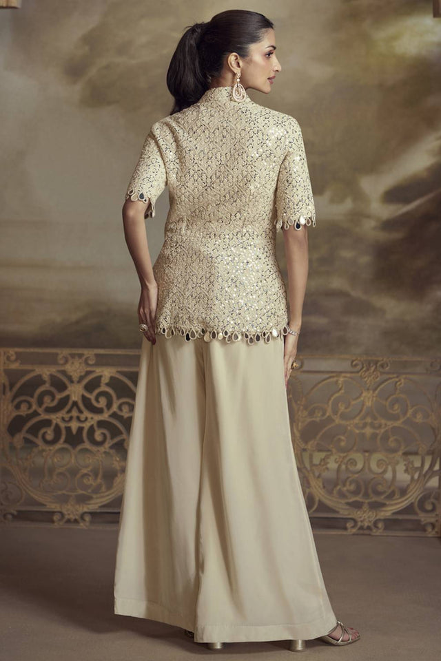Cream Sequin with Embroidered Georgette Co-Ord Set (vega zeenat-5821)