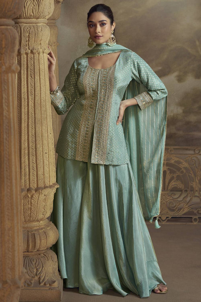 Blue Embroidered Viscose Sharara Suit Set (vega zeenat-5822)