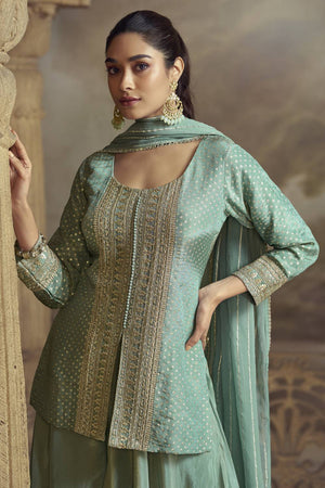 Blue Embroidered Viscose Sharara Suit Set (vega zeenat-5822)