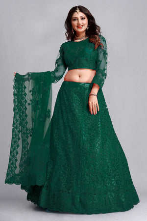 Green Net Embroidered Lehenga Choli