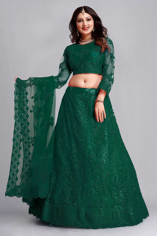 Green Net Embroidered Lehenga Choli