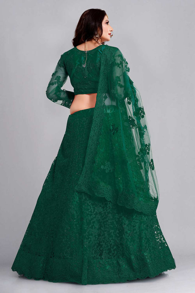 Green Net Embroidered Lehenga Choli