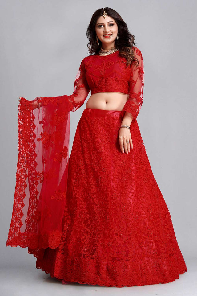 Red Net Embroidered Lehenga Choli