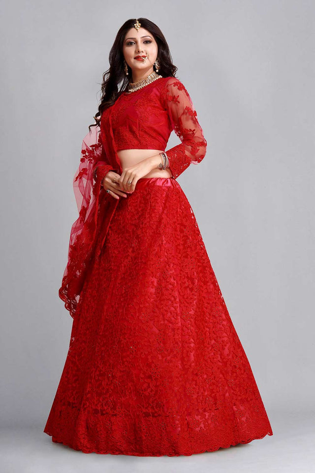Red Net Embroidered Lehenga Choli
