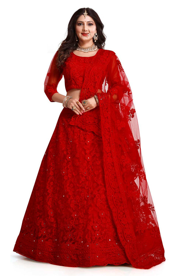 Red Net Embroidered Lehenga Choli