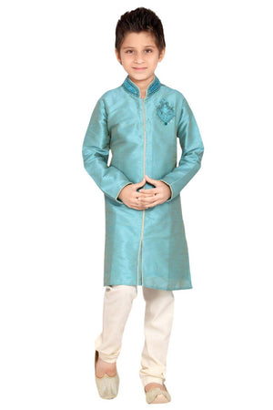Boys Turquoise Art Dupion Silk Neck Embroidered Sherwani Set