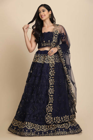Blue Net Embroidered Lehenga Choli