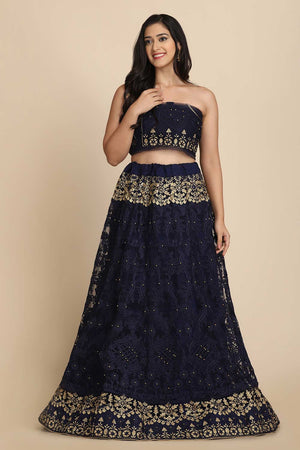 Blue Net Embroidered Lehenga Choli