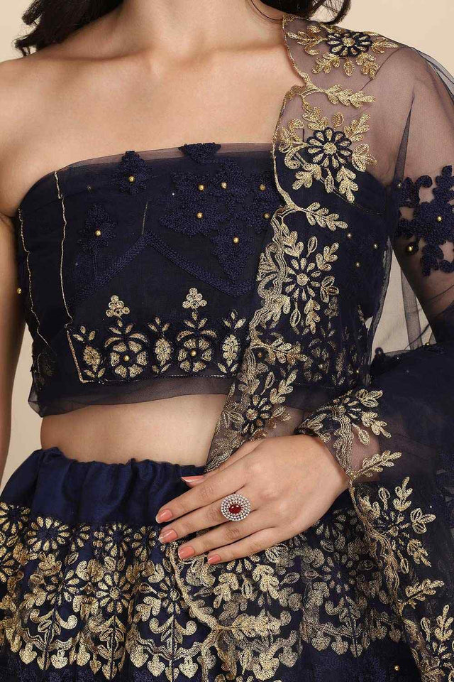 Blue Net Embroidered Lehenga Choli