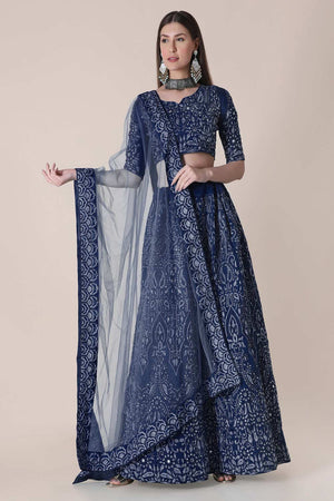 Blue Taffeta Silk Embroidered Lehenga Choli