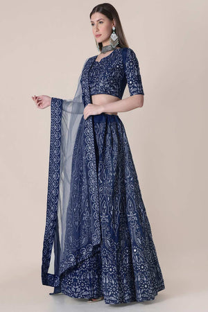 Blue Taffeta Silk Embroidered Lehenga Choli