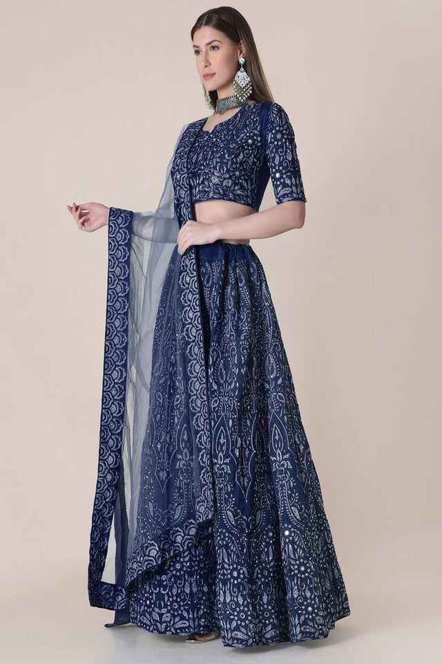 Blue Taffeta Silk Embroidered Lehenga Choli
