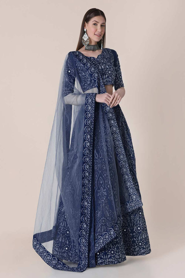 Blue Taffeta Silk Embroidered Lehenga Choli