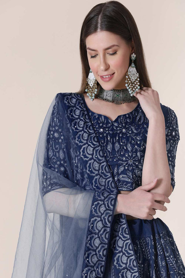 Blue Taffeta Silk Embroidered Lehenga Choli