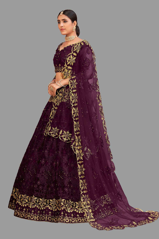 Purple Net Embroidered Lehenga Choli