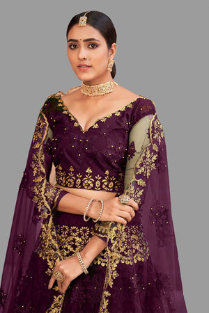 Purple Net Embroidered Lehenga Choli