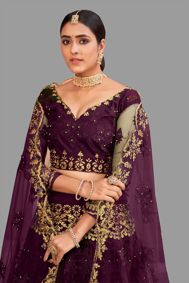 Purple Net Embroidered Lehenga Choli