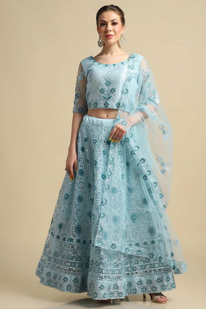 Blue Net Embroidered Lehenga Choli