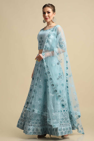 Blue Net Embroidered Lehenga Choli