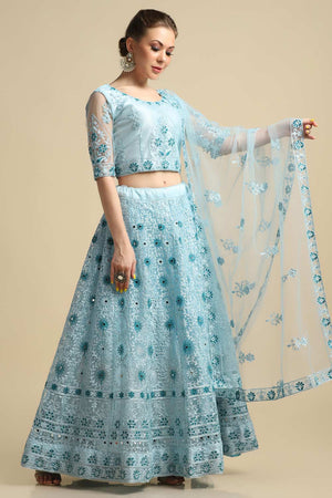Blue Net Embroidered Lehenga Choli