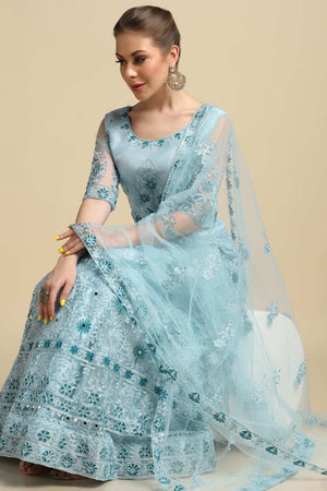 Blue Net Embroidered Lehenga Choli