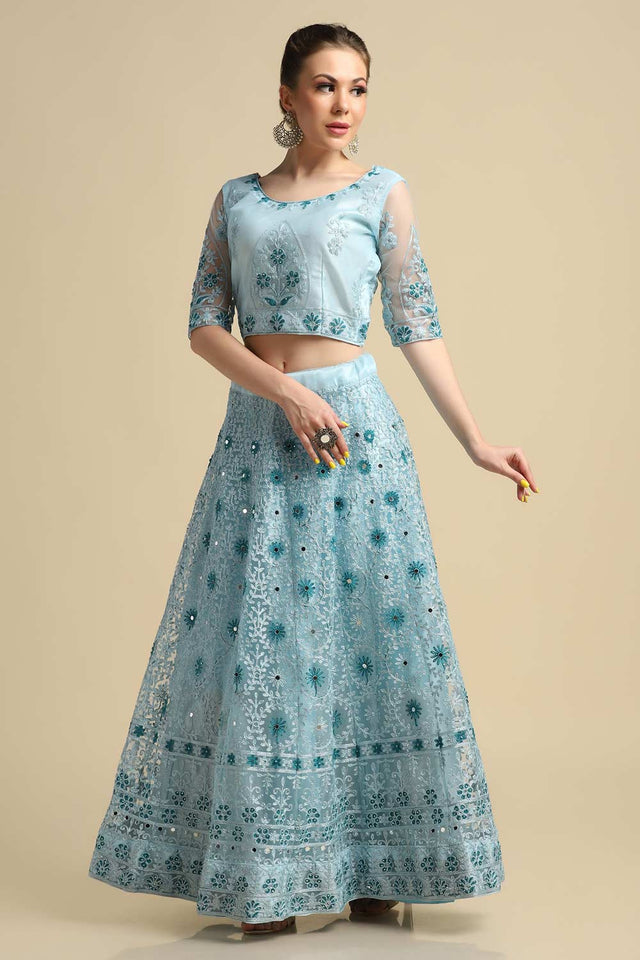 Blue Net Embroidered Lehenga Choli