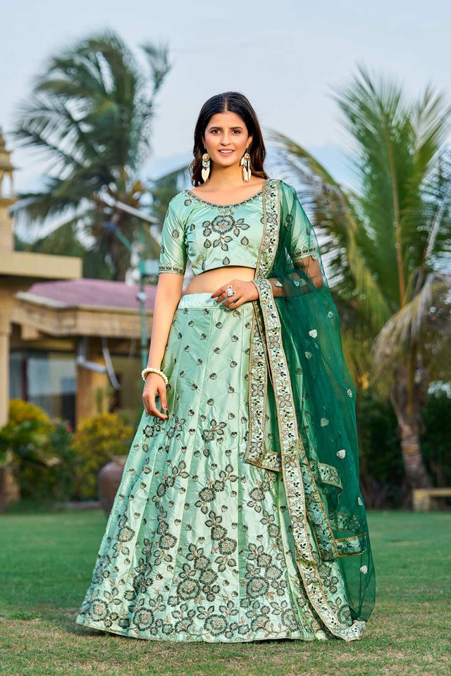 Green Satin Embroidered Lehenga Choli
