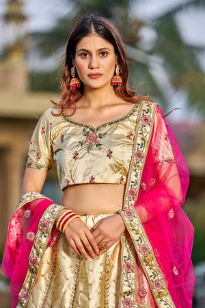Cream Satin Embroidered Lehenga Choli