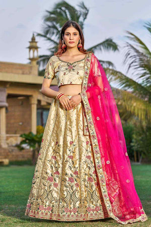 Cream Satin Embroidered Lehenga Choli