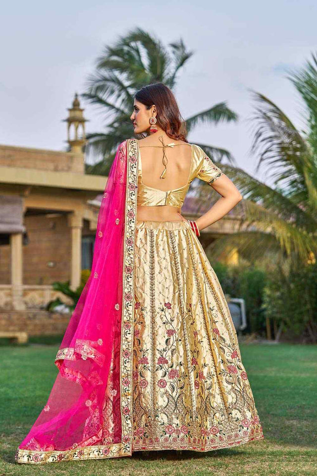 Cream Satin Embroidered Lehenga Choli