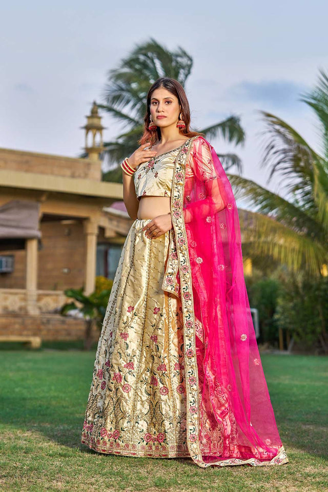 Cream Satin Embroidered Lehenga Choli