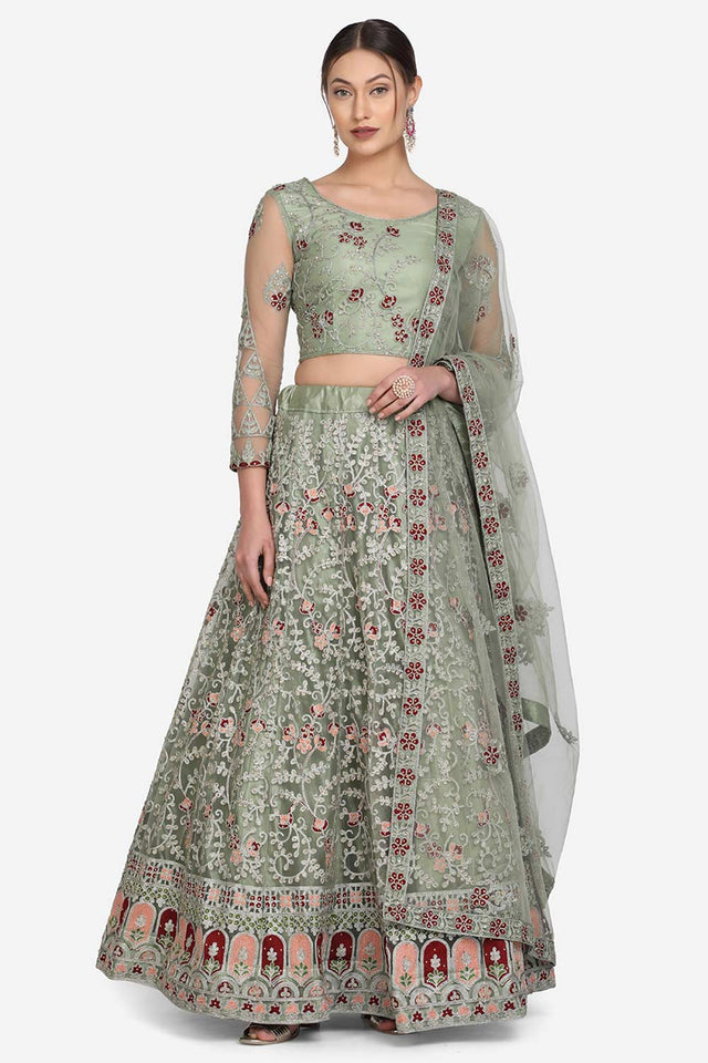 Green Net Embroidered Lehenga Choli