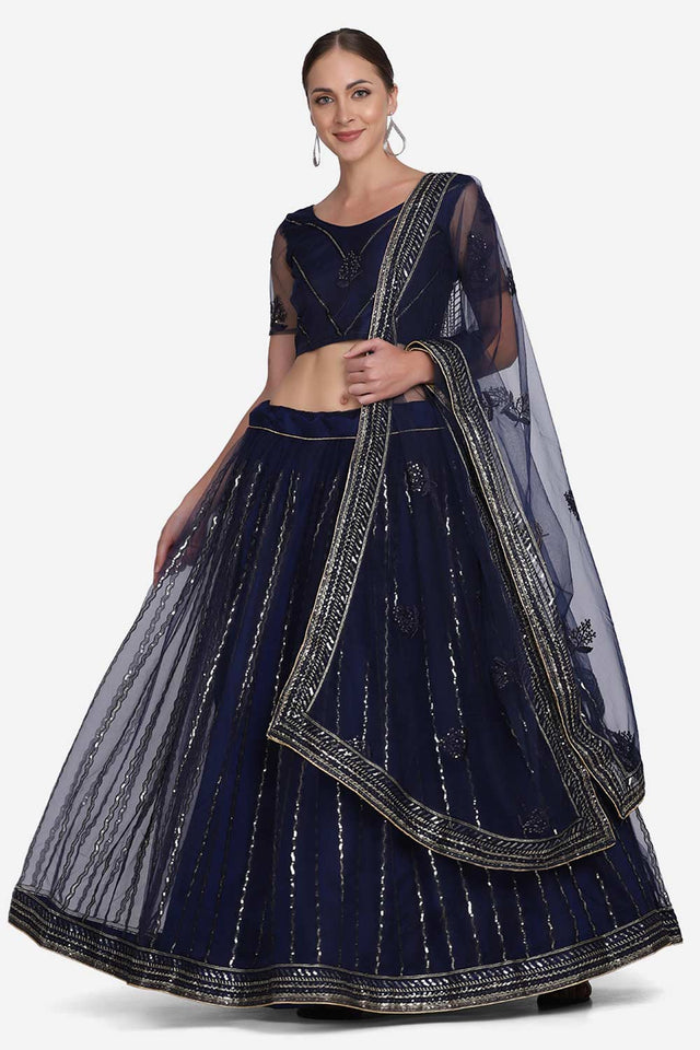 Blue Net Embroidered Lehenga Choli