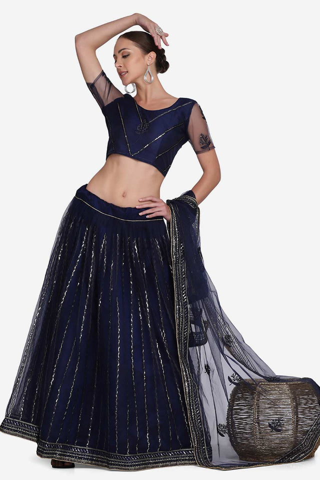 Blue Net Embroidered Lehenga Choli