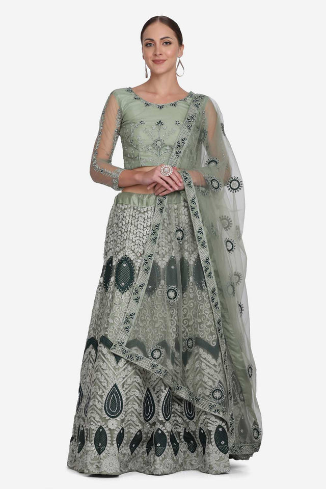 Green Net Embroidered Lehenga Choli